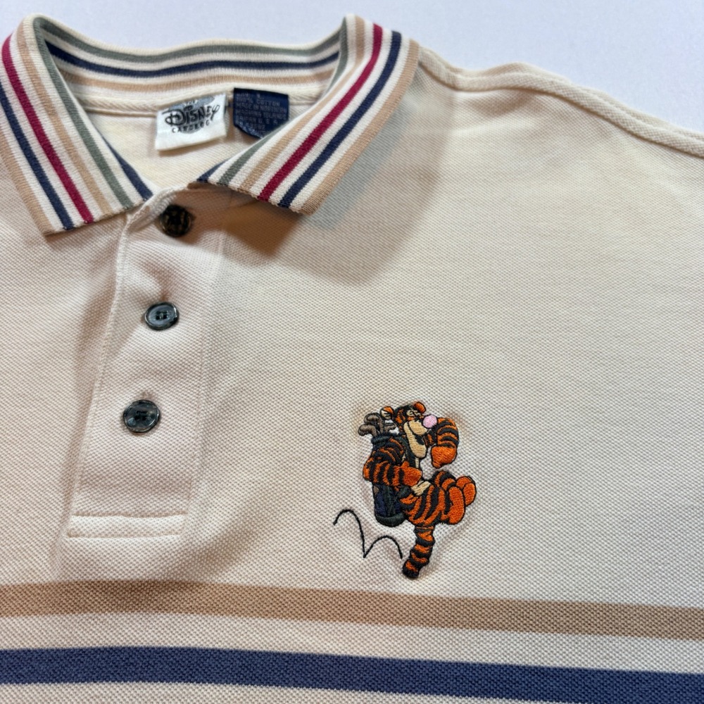 Disney Catalog Tigger Golf Polo Shirt Mens Large Cream Striped Cotton Vintage